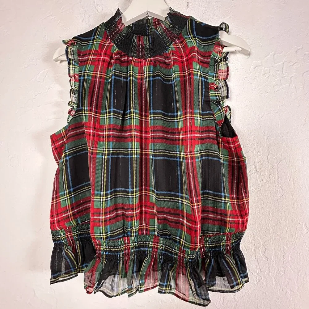 J.Crew Womens Gilded Stewart Tartan Plaid Sleeveless Mock Neck Top 12P AG884 New